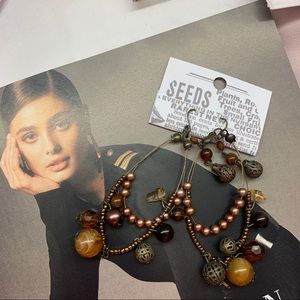 **Brown Beaded Light Dangle Hoop Earrings**